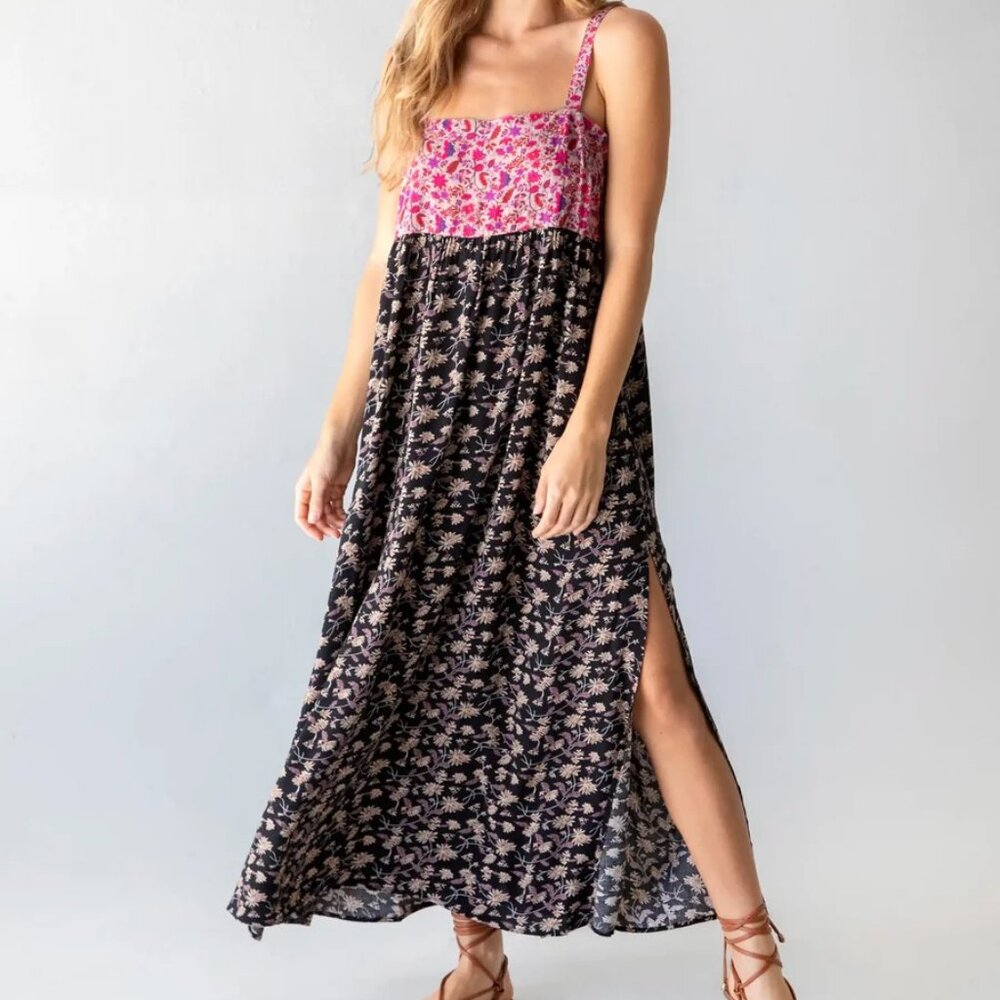Natural Life - Patti Side Slit Maxi Dress - Pink Black Floral Mix